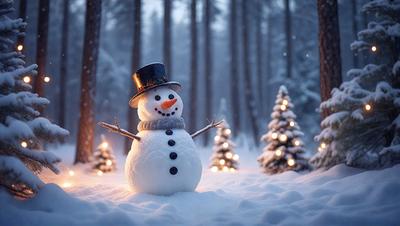 The primary subject of the image is a snowman, which is standing in the snow and posing for the camera. The setting is a snowy landscape with trees in the background. The visual style is a photo, and the colors and mood are predominantly white and cold, as it is a winter scene.